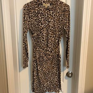 MICHAEL Michael Kors Leopard Print Long Sleeve Wrap Dress - Brown/Tan